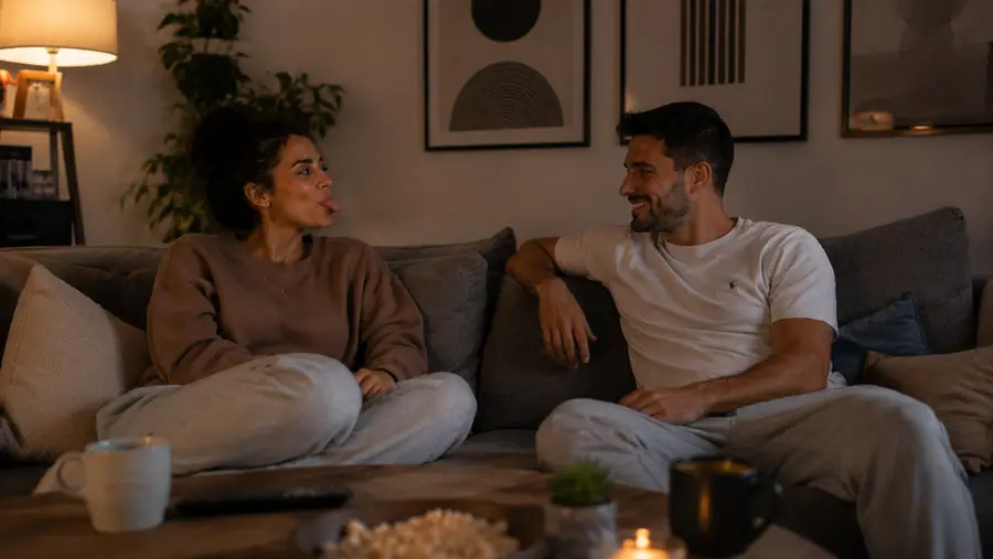 זוג מחייך בסלון בערב אחרי שהתחילו דייט זוגי עם Just2Us